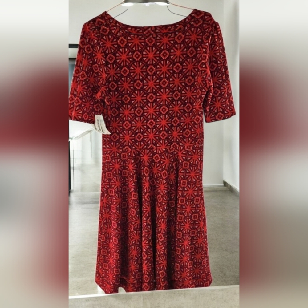LulaRoe Nicole Dress Orange Red Burgundy Wheel print fit flair sz L - Picture 3 of 5
